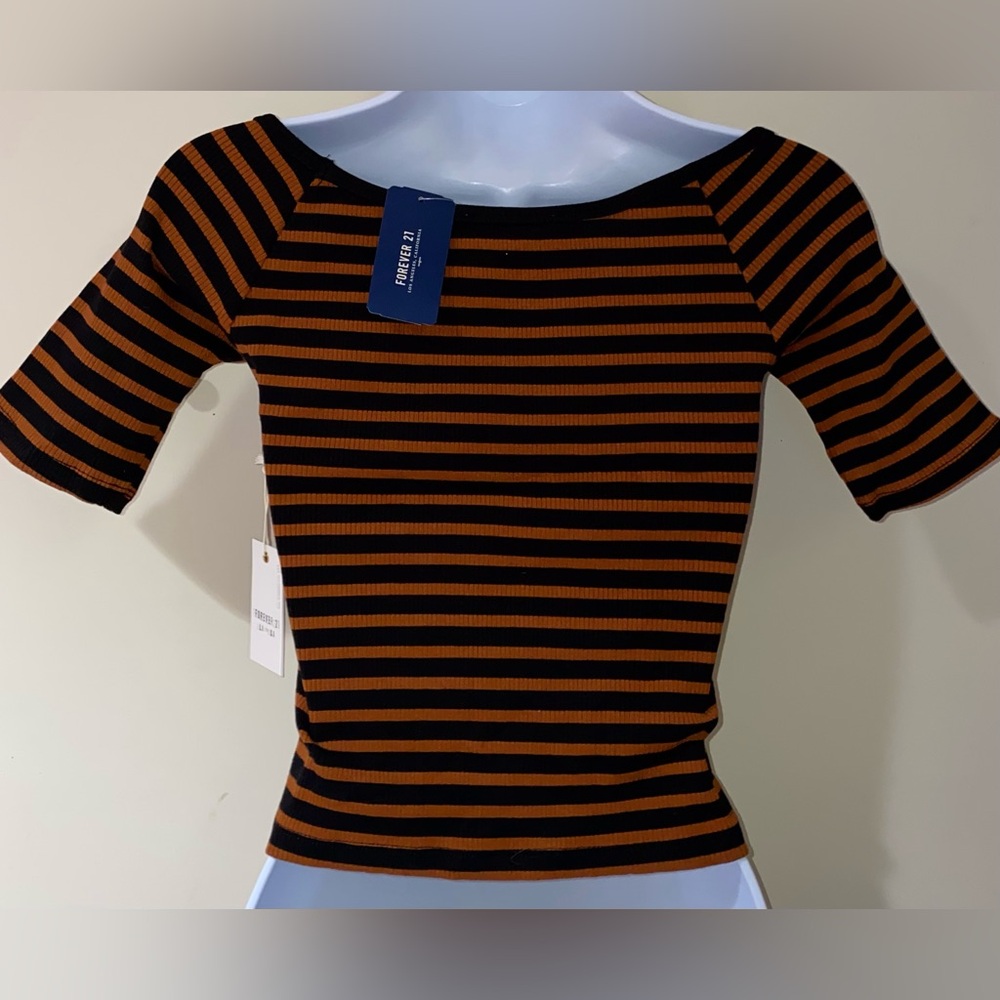 New striped top knit striped short sleeve top black orange stripes striped tee - Picture 3 of 4